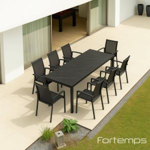 Ensemble Anthracite Livorno / Sevilla - Table Livorno 220/330x106cm céramique "Graphite Grey" + 8 fauteuils Sevilla