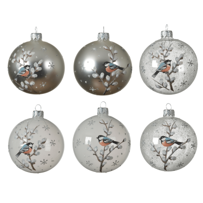 Lot de 6 boules de Noël transparentes avec oiseau