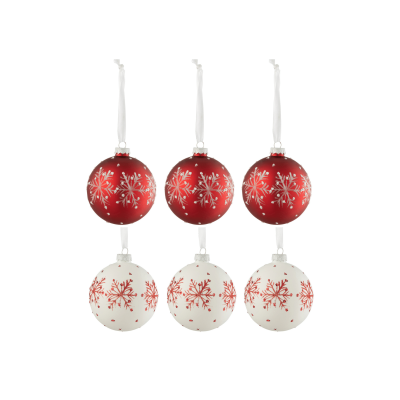 Lot de 6 boules de Noël "Flocon" rouge et blanc