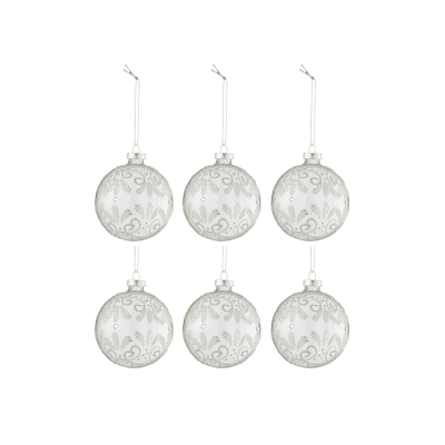 Lot de 6 boules de Noël transparentes avec dessins argentés