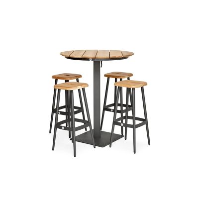 Ensemble de bar Virenze : table haute teck ronde Ø90cm + 4 tabourets (assise en teck)